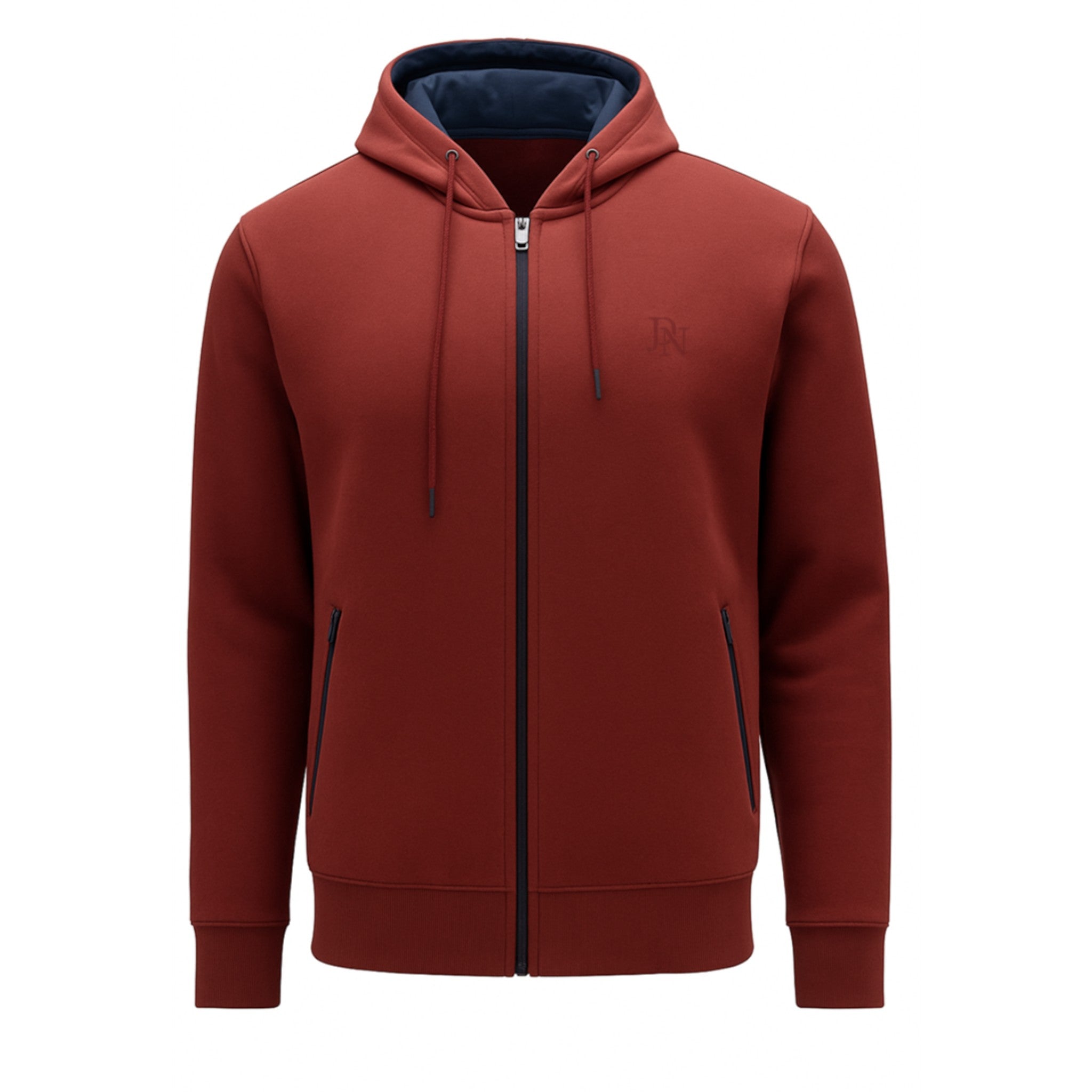 Men's JDN full zip hoodie in maroon red with drawstring hood and side zip pockets
